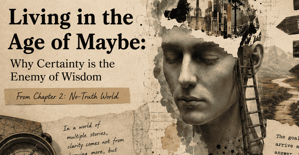 Living in the Age of Maybe: Why Certainty is the Enemy of Wisdom — surreal collage artwork featuring a contemplative human face blended with cityscapes, branching pathways, a compass, and directional signs labeled “Maybe” and “Possibly,” symbolizing uncertainty, multiple perspectives, critical thinking, and the search for wisdom.