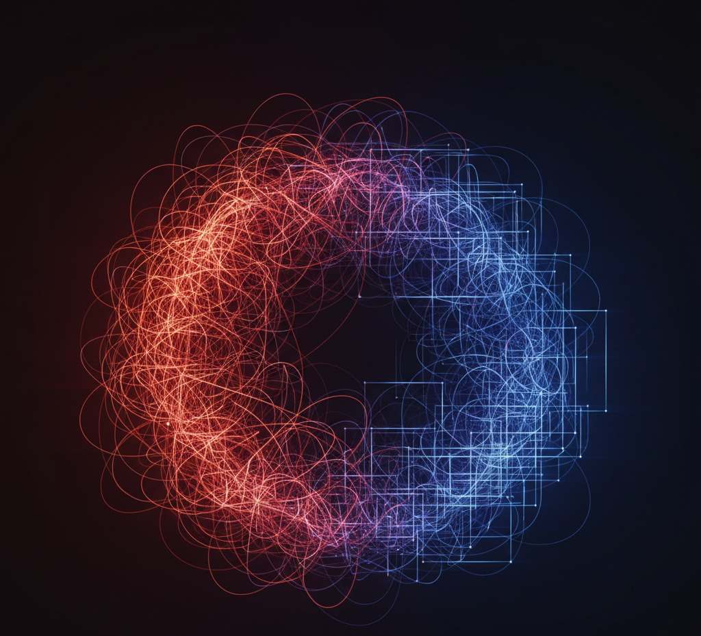 Abstract image showing chaotic tangled lines gradually forming an organized network structure, transition from disorder to pattern, cinematic lighting, conceptual editorial illustration, no text