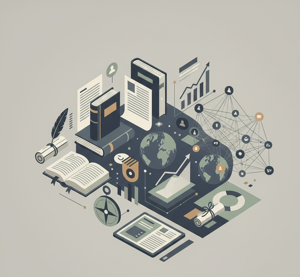 Abstract illustration representing diverse audiences through books, documents, data charts, and interconnected systems related to the polycrisis.