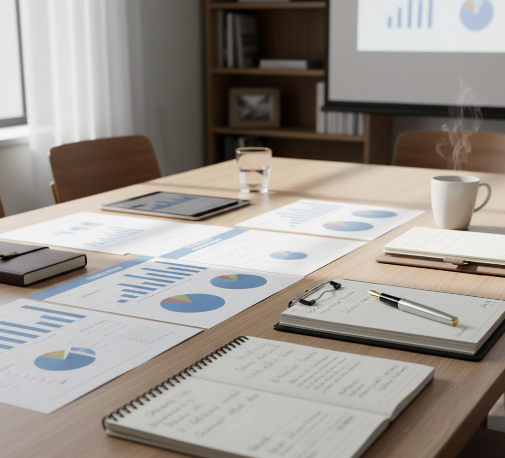 A professional, high-angle shot of a light-colored wooden conference table arranged for a strategic planning session. The table is neatly organized with open spiral notebooks featuring handwritten notes, printed documents displaying blue and gold data charts and pie graphs, a tablet, and a sleek silver pen on a clipboard. In the background, a steaming white coffee mug and a glass of water sit near a blurred window, creating a focused, productive atmosphere bathed in soft, natural daylight