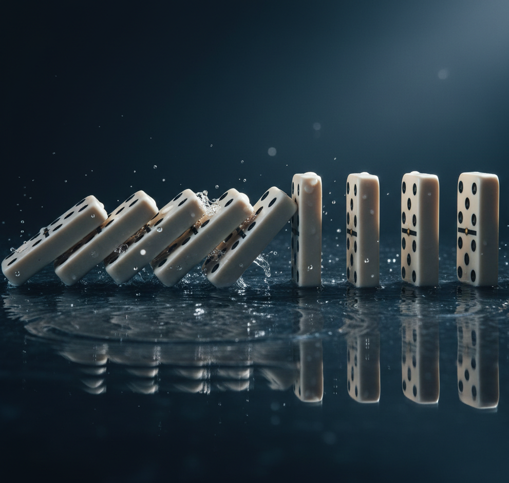 A dramatic, cinematic close-up of a row of ivory-colored dominoes falling into a dark, reflective pool of water. The lead dominoes are shown in mid-collapse, creating energetic splashes and expanding ripples across the liquid surface. The scene is set against a moody, dark blue background with atmospheric lighting that highlights the water droplets and the smooth texture of the dominoes, symbolizing a cascading effect or systemic chain reaction.