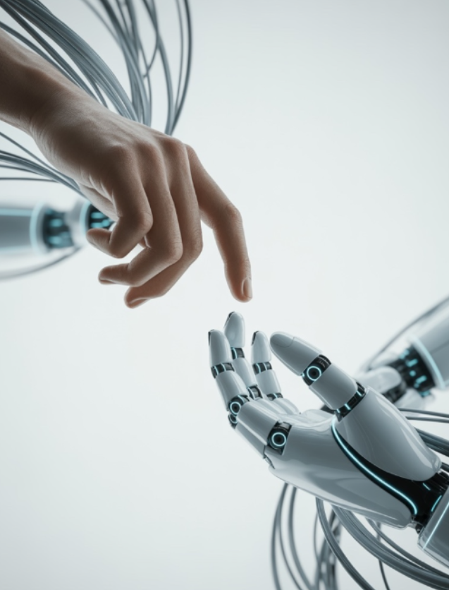 A human hand reaching out to touch a robotic hand, symbolizing the connection between humans and artificial intelligence